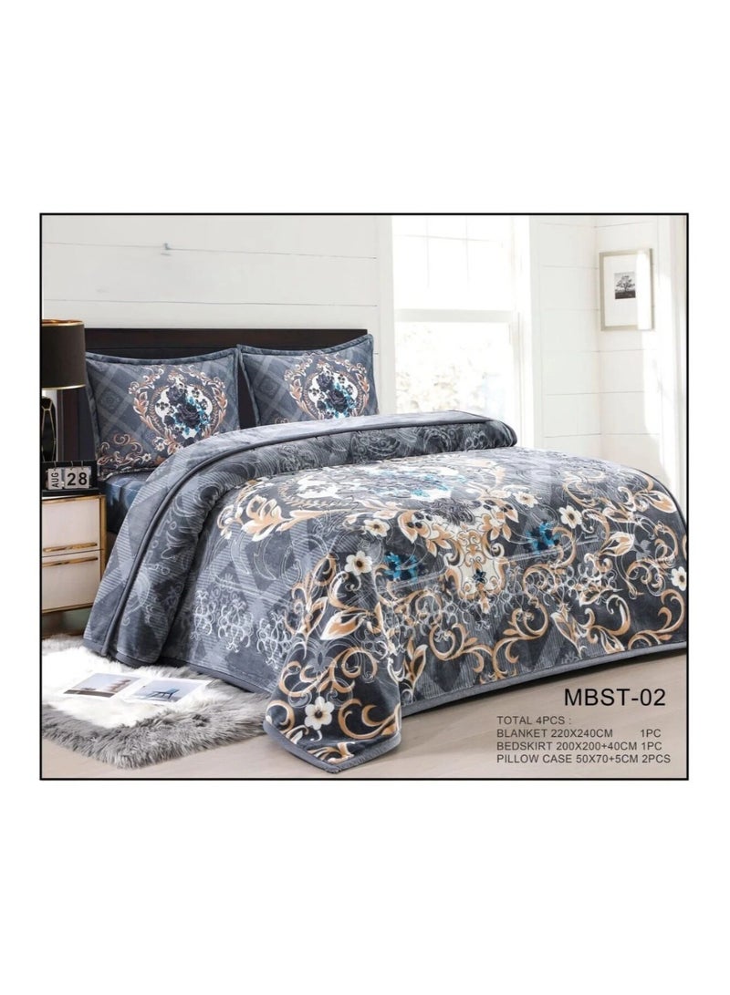 A set of 4 pieces with a patterned, embossed, double-layered blanket that is extremely soft (8 kg)